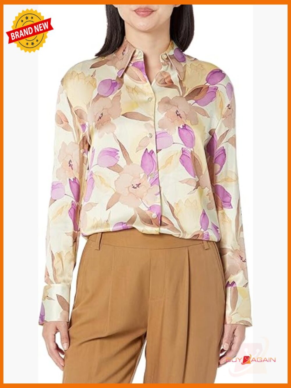 Long Sleeve Relaxed Fit Button Down Shirt 100% Silk Floral Pattern